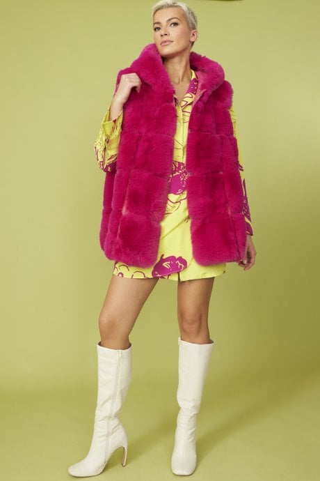 JAYLEY Pink Faux Fur Long Hooded Gilet | Waistcoat