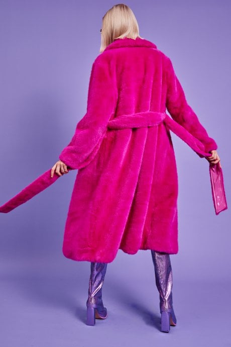 JAYLEY Pink Faux Fur Maxi Trench Coat With Belt