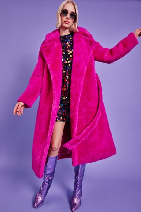 JAYLEY Pink Faux Fur Maxi Trench Coat With Belt