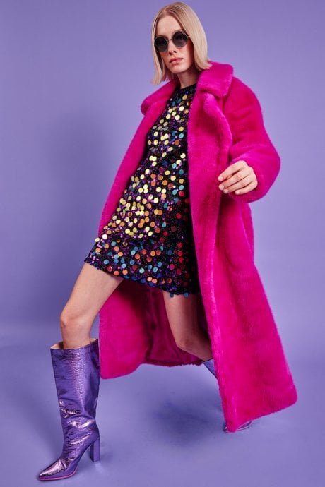 JAYLEY Pink Faux Fur Maxi Trench Coat With Belt
