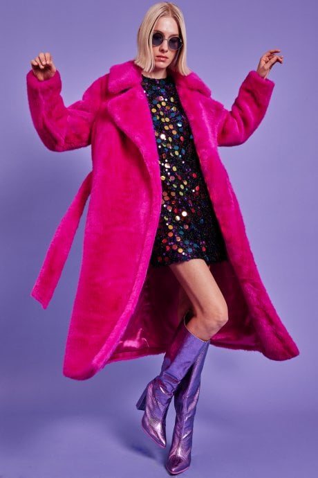 JAYLEY Pink Faux Fur Maxi Trench Coat with Belt