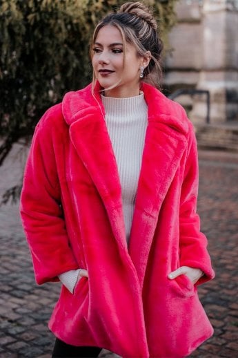 JAYLEY Pink Faux Fur Midi Coat