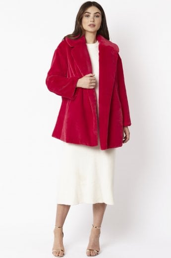 JAYLEY Pink Faux Fur Midi Coat