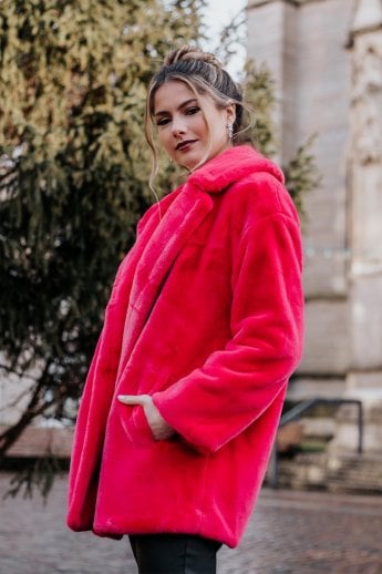 JAYLEY Pink Faux Fur Midi Coat