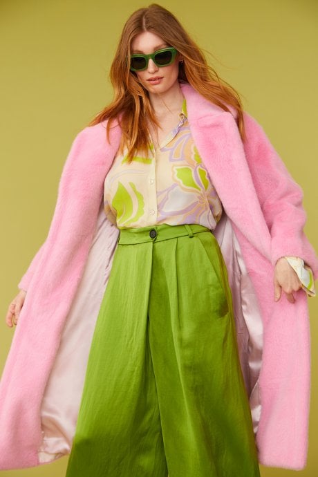 JAYLEY Pink Faux Fur Midi Coat