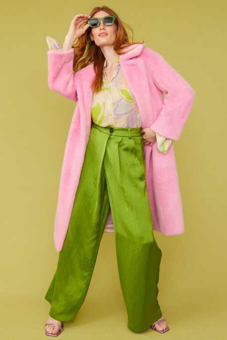 JAYLEY Pink Faux Fur Midi Coat