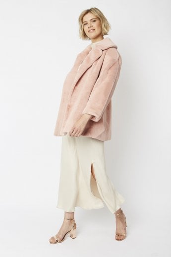 JAYLEY Pink Faux Fur Midi Coat