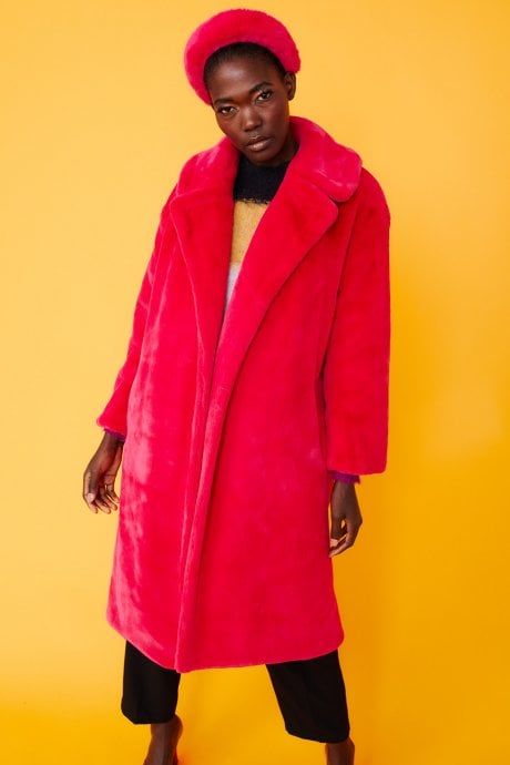 JAYLEY Pink Faux Fur Midi Shaved Shearling Coat