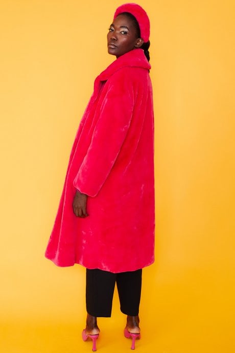 JAYLEY Pink Faux Fur Midi Shaved Shearling Coat