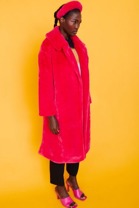 JAYLEY Pink Faux Fur Midi Shaved Shearling Coat