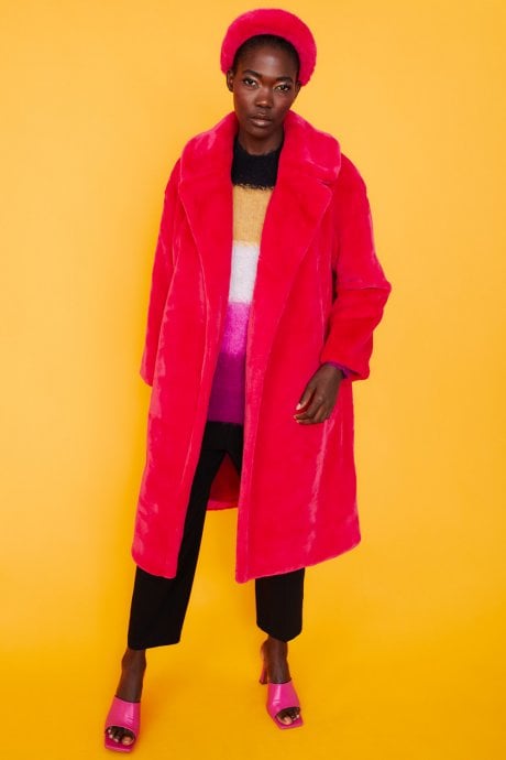 JAYLEY Pink Faux Fur Midi Shaved Shearling Coat