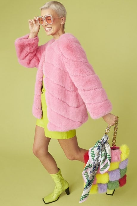 JAYLEY Pink Faux Fur Striped Gaga Coat