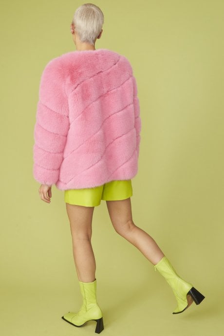 JAYLEY Pink Faux Fur Striped Gaga Coat