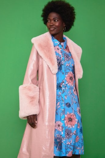 JAYLEY Pink Faux Leather Jacket With Detachable Faux Fur Cuffs & Collar