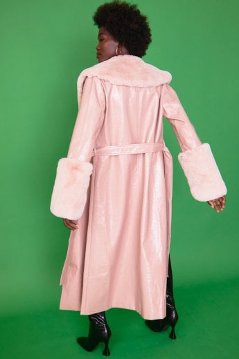 JAYLEY Pink Faux Leather Jacket With Detachable Faux Fur Cuffs & Collar