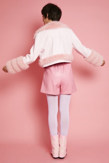 JAYLEY Pink Faux Leather With Pink Faux Fur Biker Jacket
