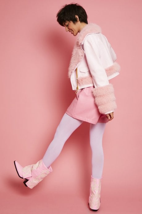 JAYLEY Pink Faux Leather With Pink Faux Fur Biker Jacket