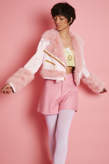 JAYLEY Pink Faux Leather With Pink Faux Fur Biker Jacket