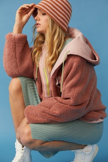 JAYLEY Pink Faux Shearling Reversible Hoodie Bomber Jacket