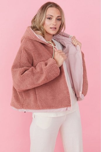 JAYLEY Pink Faux Shearling Reversible Hoodie Bomber Jacket
