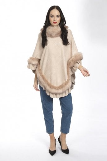 JAYLEY Pink Faux Suede and Faux Fur Poncho