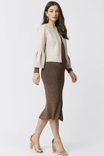 JAYLEY Pink Faux Suede Cropped Jacket With Frill Sleeve