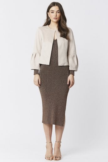 JAYLEY Pink Faux Suede Cropped Jacket With Frill Sleeve