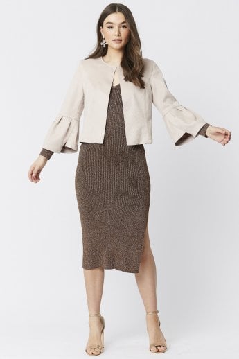 JAYLEY Pink Faux Suede Cropped Jacket With Frill Sleeve
