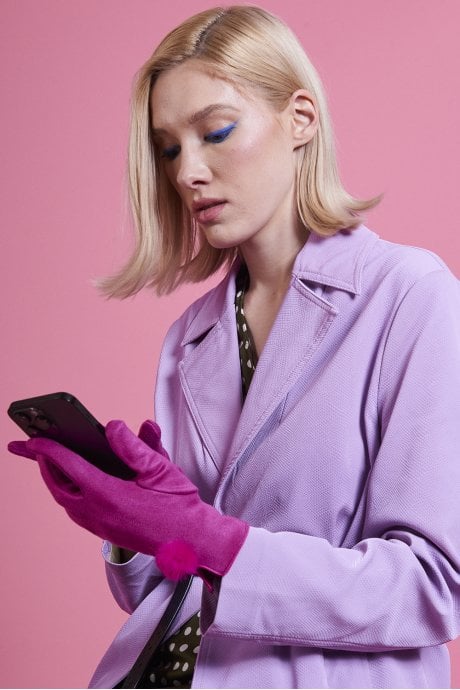 JAYLEY Pink Faux Suede Gloves With Faux Fur Pom