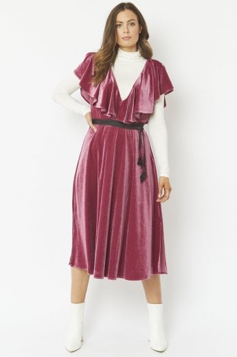 JAYLEY Pink Frill Front Velvet Skater Midi Dress