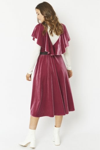JAYLEY Pink Frill Front Velvet Skater Midi Dress