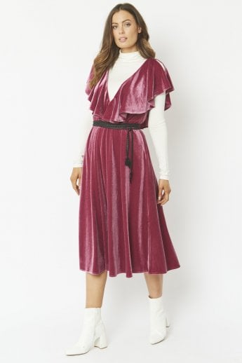 JAYLEY Pink Frill Front Velvet Skater Midi Dress