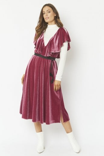 JAYLEY Pink Frill Front Velvet Skater Midi Dress