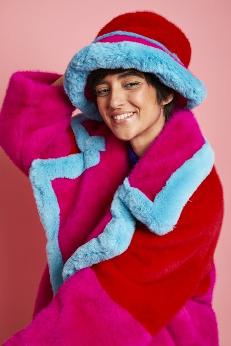 JAYLEY Pink Gigi Faux Fur Midi Coat