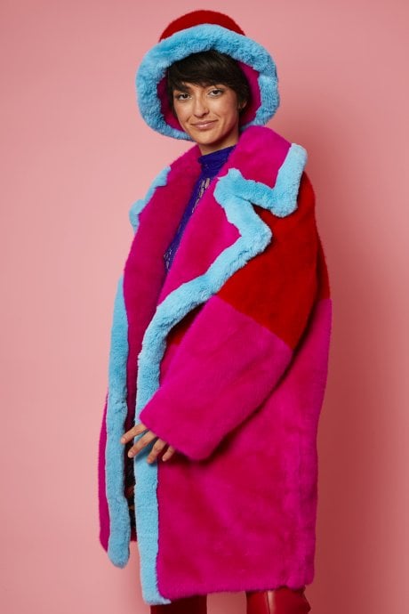 JAYLEY Pink Gigi Faux Fur Midi Coat