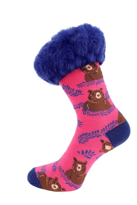 JAYLEY Pink Grizzly Bear Print Faux Fur Trim Socks