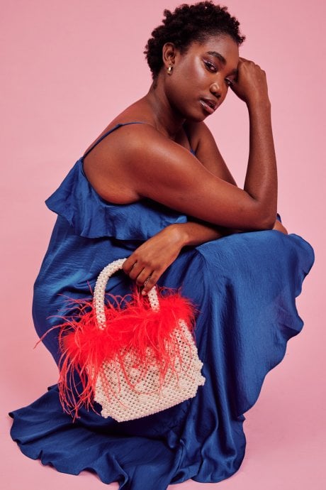 JAYLEY Pink Handmade Pearl Tote Bag With Feather Trim