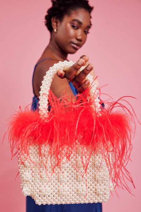 JAYLEY Pink Handmade Pearl Tote Bag with Feather Trim