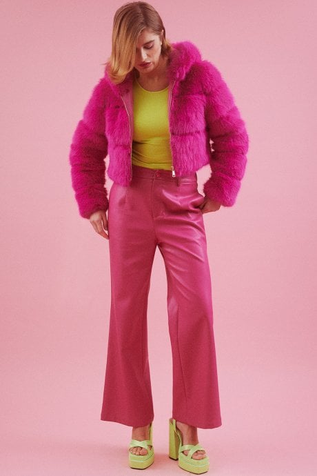 JAYLEY Pink Hooded Bamboo Faux Fur Puffer Coat