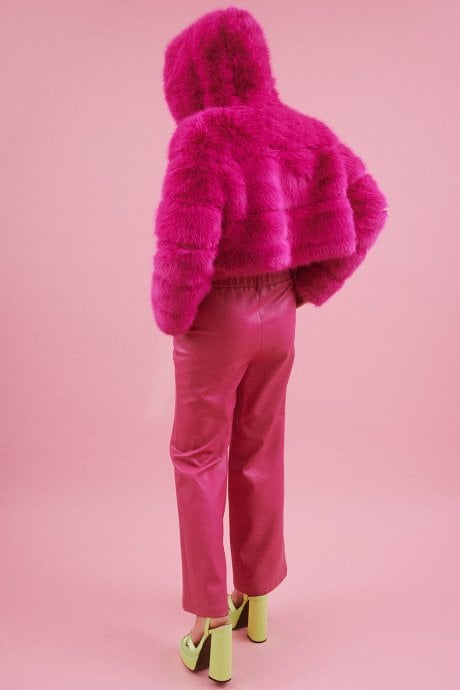 JAYLEY Pink Hooded Bamboo Faux Fur Puffer Coat