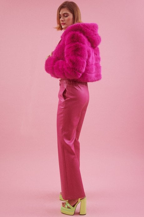 JAYLEY Pink Hooded Bamboo Faux Fur Puffer Coat