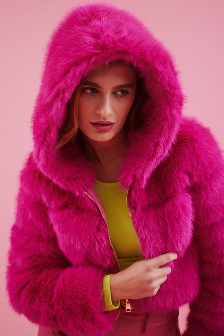 JAYLEY Pink Hooded Bamboo Faux Fur Puffer Coat