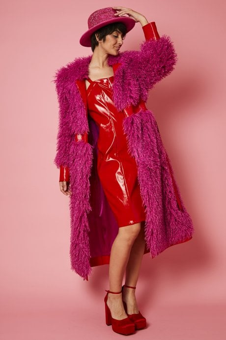 JAYLEY Pink Knitted Bamboo And Eco Leather Shearling Coat