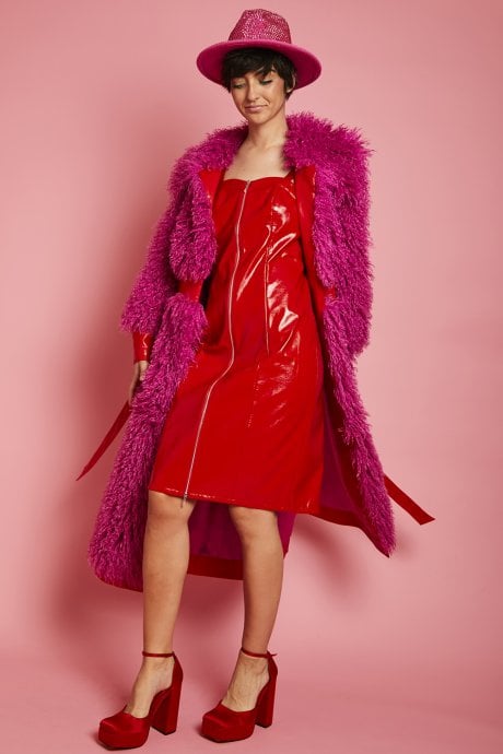 JAYLEY Pink Knitted Bamboo And Eco Leather Shearling Coat