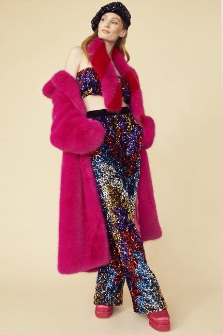 JAYLEY Pink Knitted Bamboo Faux Fur Maxi Coat