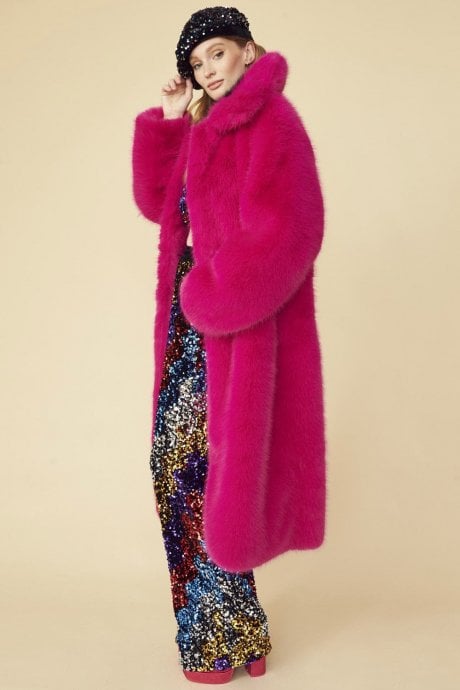 JAYLEY Pink Knitted Bamboo Faux Fur Maxi Coat