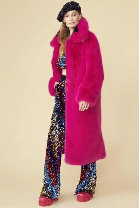 JAYLEY Pink Knitted Bamboo Faux Fur Maxi Coat