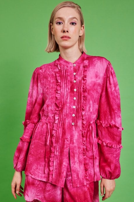 JAYLEY Pink Love Herb Ruffle Shirt Dress