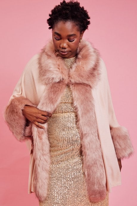 JAYLEY Pink Luxury Faux Fur Fine Knitted Coat