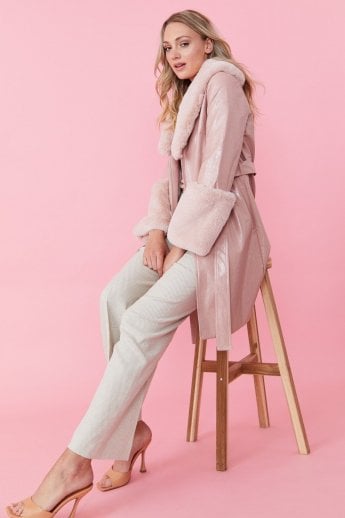 JAYLEY Pink Luxury Faux Leather Aubrey Coat With Detachable Faux Fur Cuffs & Collar